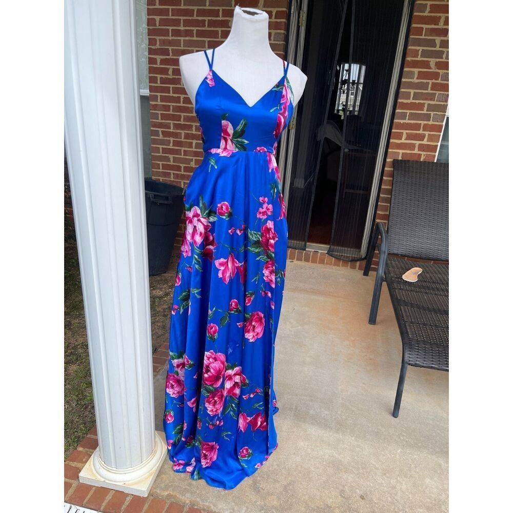 Near Moon Women's Maxi Dress Size 0 Blue Floral 100% Polyester Sleeveless V-Neck